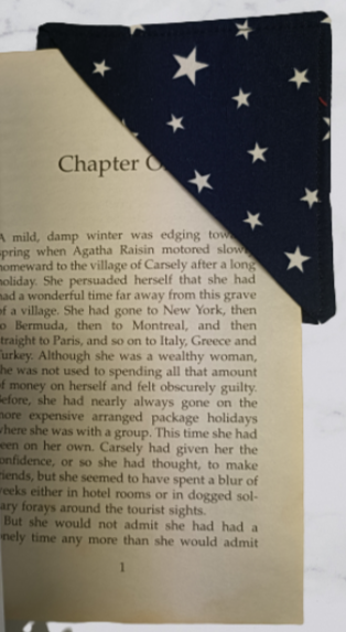 Handmade Fabric Corner Bookmark - Navy & White Star Print On Book