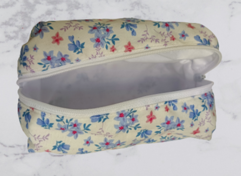 Handmade Fabric Small Toiletries Bag - White With Blue Flowers Print
