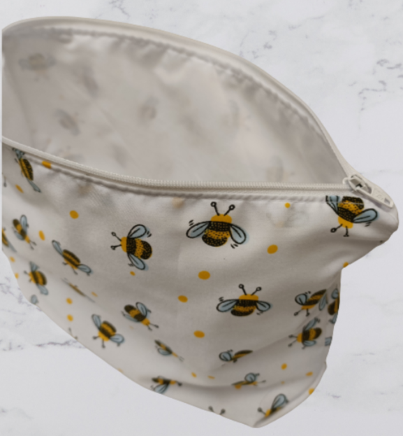 Handmade Fabric Large Toiletries Bag - Bumble Bee With Yellow Spots Print