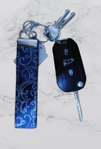 Handmade Fabric Small Key Fob - Blue Paisley Print With Keys
