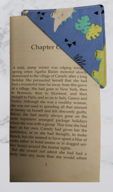 Handmade Fabric Corner Bookmark - Blue Dino Print On Book