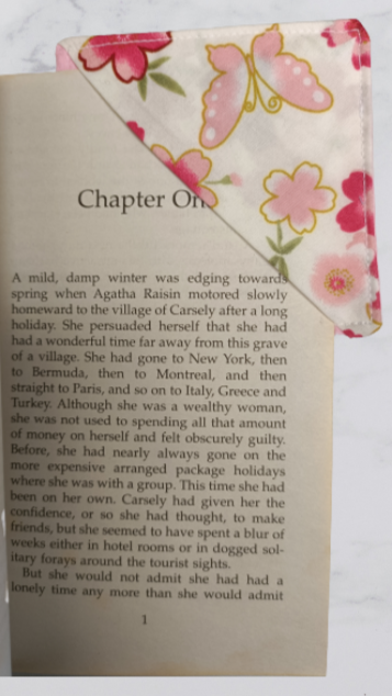 Handmade Fabric Corner Bookmark - Cream & Pink Flower Print On Book
