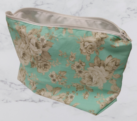 Handmade Fabric Large Toiletries Bag - Mint Flower Print