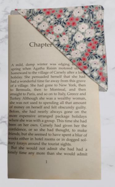 Handmade Fabric Corner Bookmark - Grey Flower Print On Book