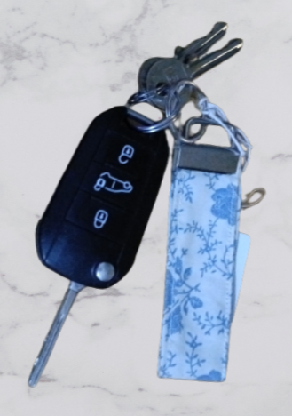 Handmade Fabric Small Key Fob - Cream & Blue Flower Print With Keys
