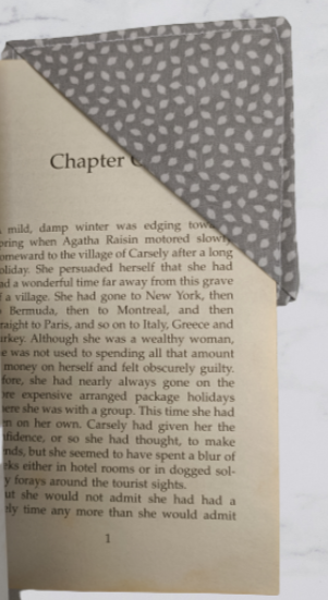 Handmade Fabric Corner Bookmark - Grey Leaf Print On Book