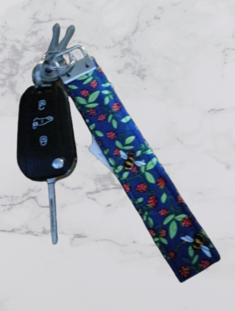Handmade Fabric Large Key Fob - Navy Bumble Bee Print With Keys