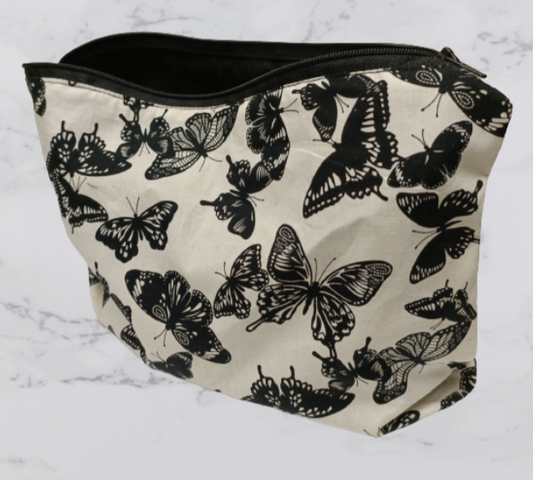 Handmade Fabric Large Toiletries Bag - Black Butterfly Print