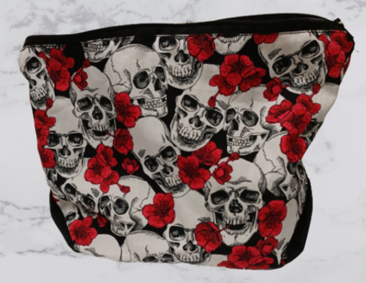 Handmade Fabric Large Toiletries Bag - Red Skull & Roses Print