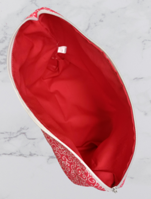 Handmade Fabric Large Toiletries Bag - Red Swirl Print (Inside)