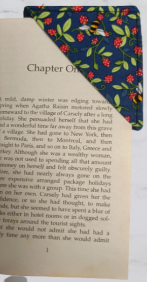 Handmade Fabric Corner Bookmark - Navy Bumble Bee Print On Book