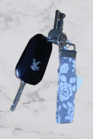 Handmade Fabric Small Key Fob - Grey & White Flower Print With Keys