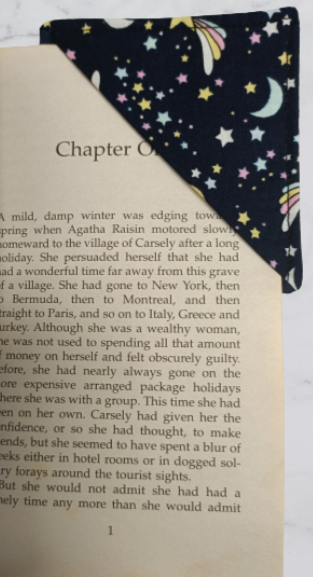 Handmade Fabric Corner Bookmark - Navy Shooting Stars Print On Book