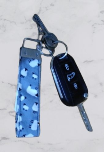 Handmade Fabric Small Key Fob - Grey Sheep Print With Keys