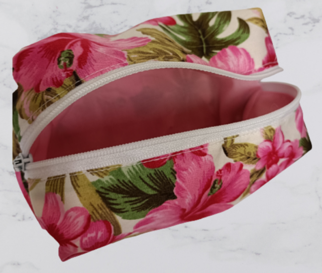 Handmade Fabric Small Toiletries Bag - Pink Flower Print