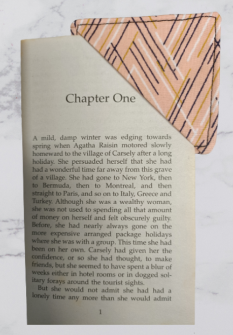 Handmade Fabric Corner Bookmark - Peach Stripe Print On Book