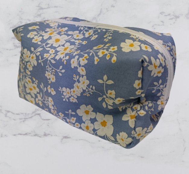 Handmade Fabric Small Toiletries Bag - Blue Daisy Print