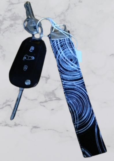 Handmade Fabric Large Key Fob - Black & Silver Swirl Print With Keys