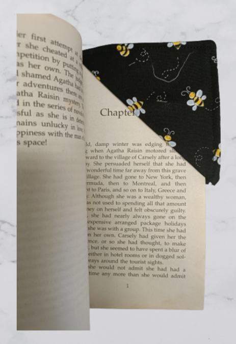 Handmade Fabric Corner Bookmark - Black Bumble Bee Print On Book