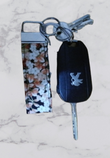 Handmade Fabric Small Key Fob - Black Oriental Flower Print With Keys