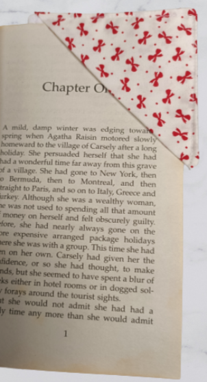 Handmade Fabric Corner Bookmark - Red Bow Print On Book