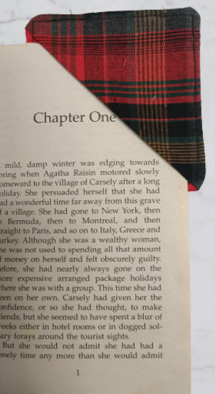 Handmade Fabric Corner Bookmark - Red Tartan Print On Book
