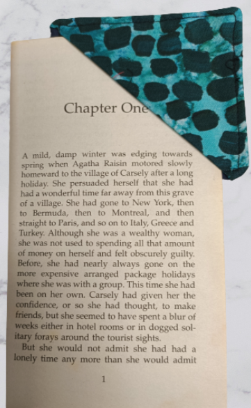 Handmade Fabric Corner Bookmark - Teal Leopard Print On Book