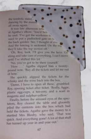 Handmade Fabric Corner Bookmark - White With Navy & Gold Spots Print On Book