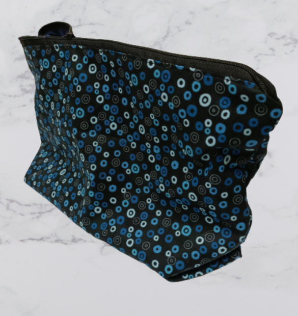 Handmade Fabric Large Toiletries Bag - Blue Circle Print