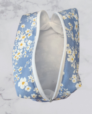 Handmade Fabric Small Toiletries Bag - Blue Daisy Print