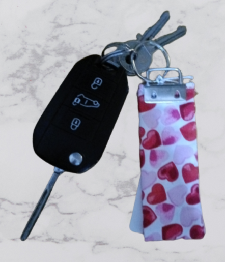 Handmade Fabric Small Key Fob - Red Heart Print With Keys
