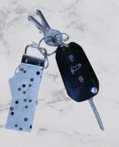 Handmade Fabric Small Key Fob - White With Navy & Gold Spots Print With Keys