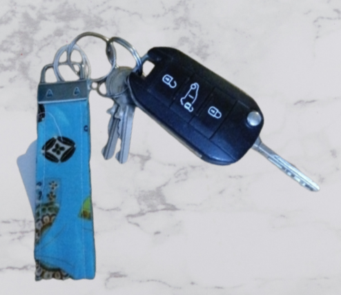 Handmade Fabric Small Key Fob - Blue Butterfly Print With Keys