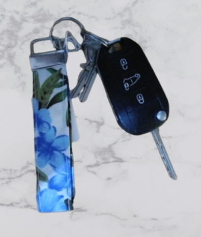 Handmade Fabric Small Key Fob - Blue Flower Print With Keys