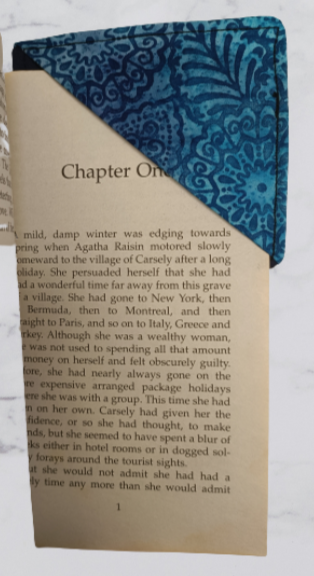 Handmade Fabric Corner Bookmark - Blue Batik Print On Book