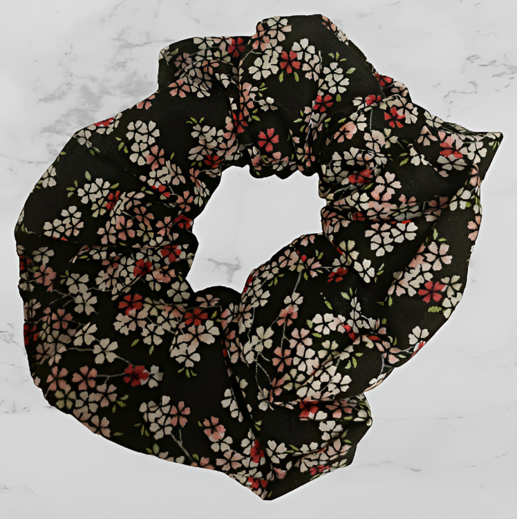 Scrunchie - Black with Red & Pink Flowers