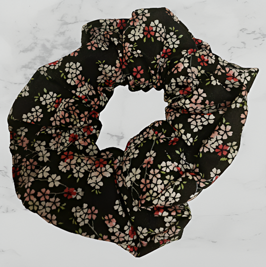 Scrunchie - Black with Red & Pink Flowers