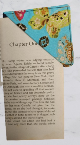 Handmade Fabric Corner Bookmark - Blue Butterfly Print On Book