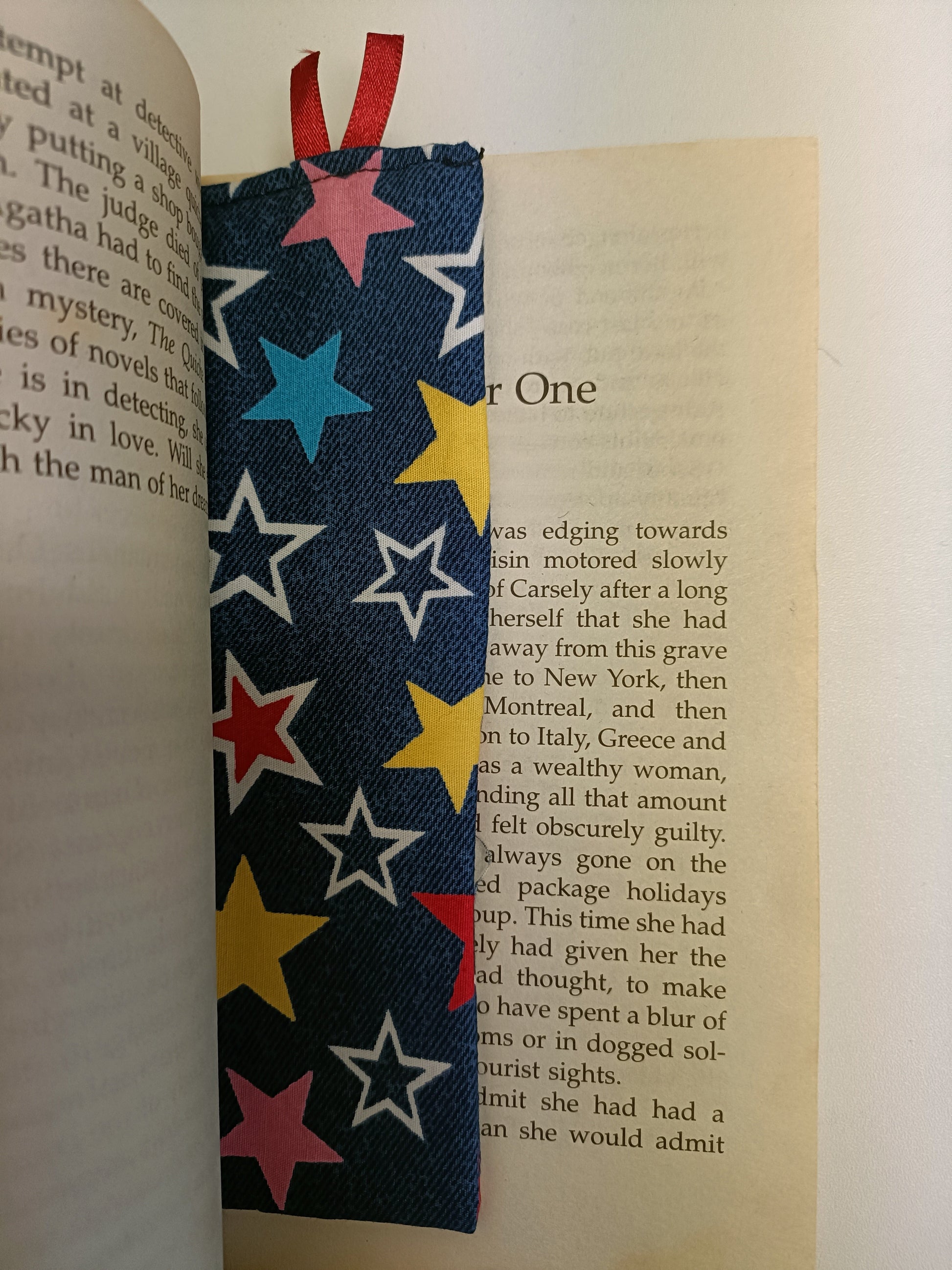 Handmade Fabric Tall Bookmark - Blue Star Print In Book