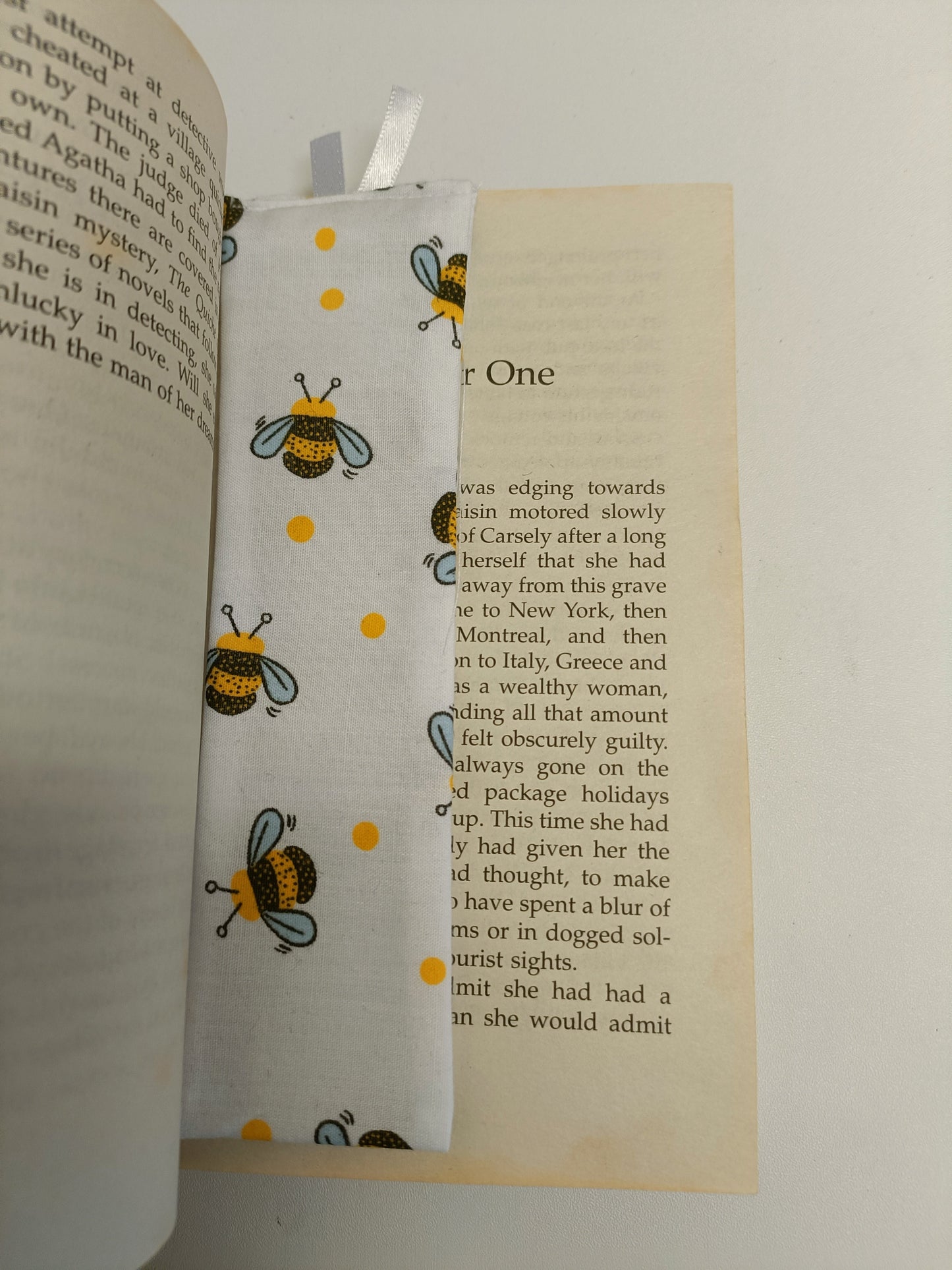 Handmade Fabric Tall Bookmark - Bumble Bee With Yellow Spots Print In Book