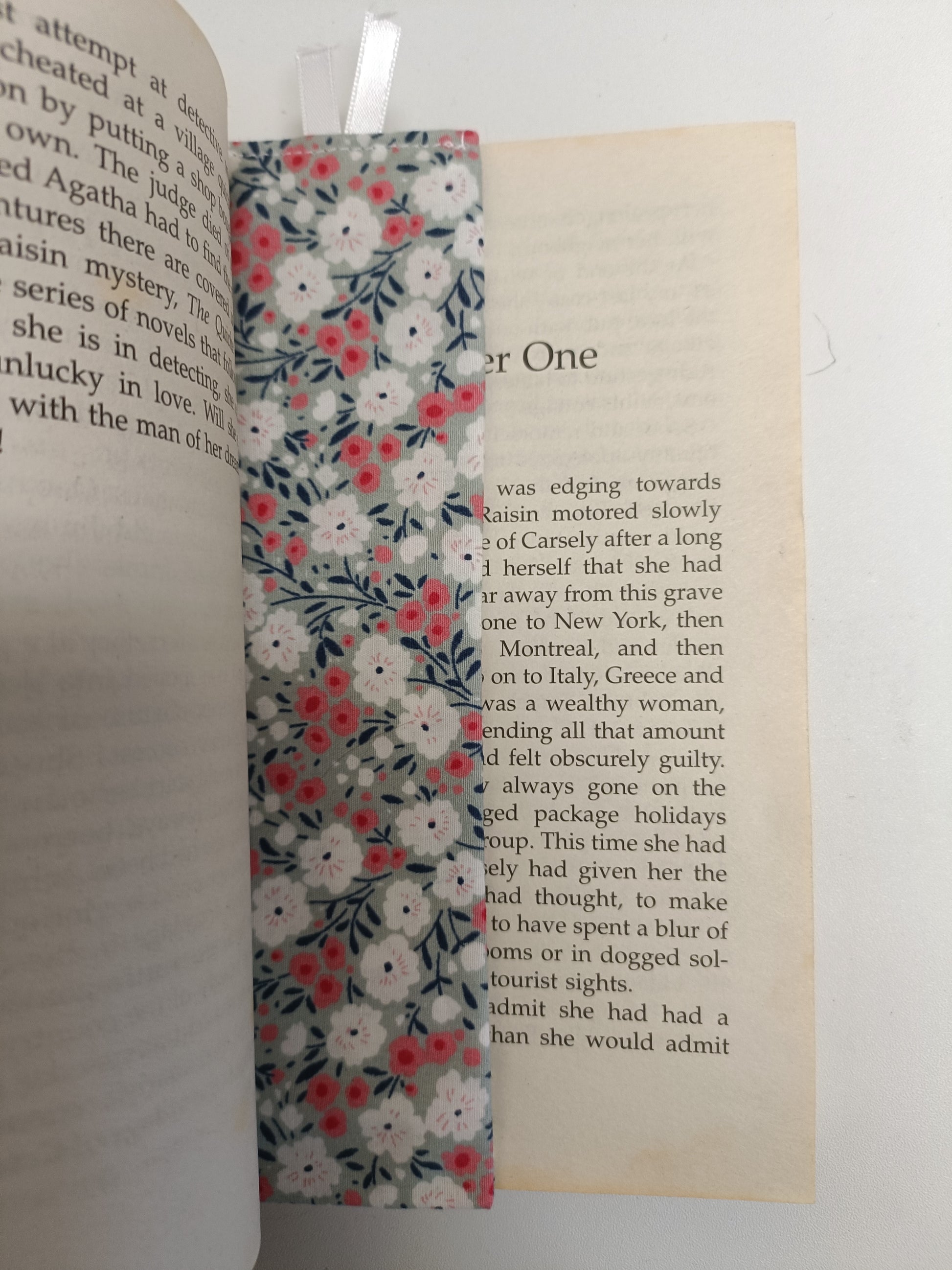 Handmade Fabric Tall Bookmark - Grey Flower Print In Book