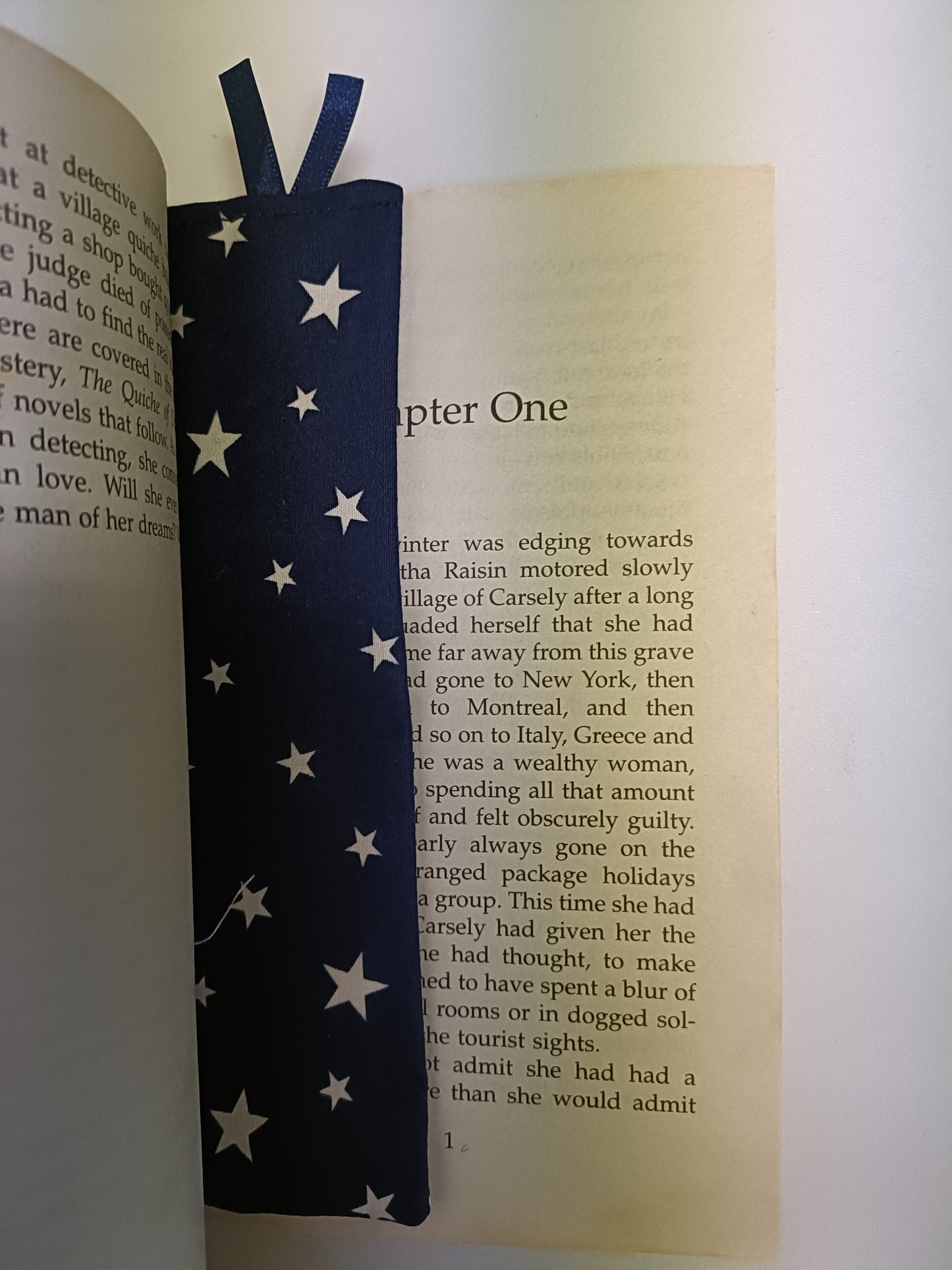 Handmade Fabric Tall Bookmark - Navy & White Star Print In Book
