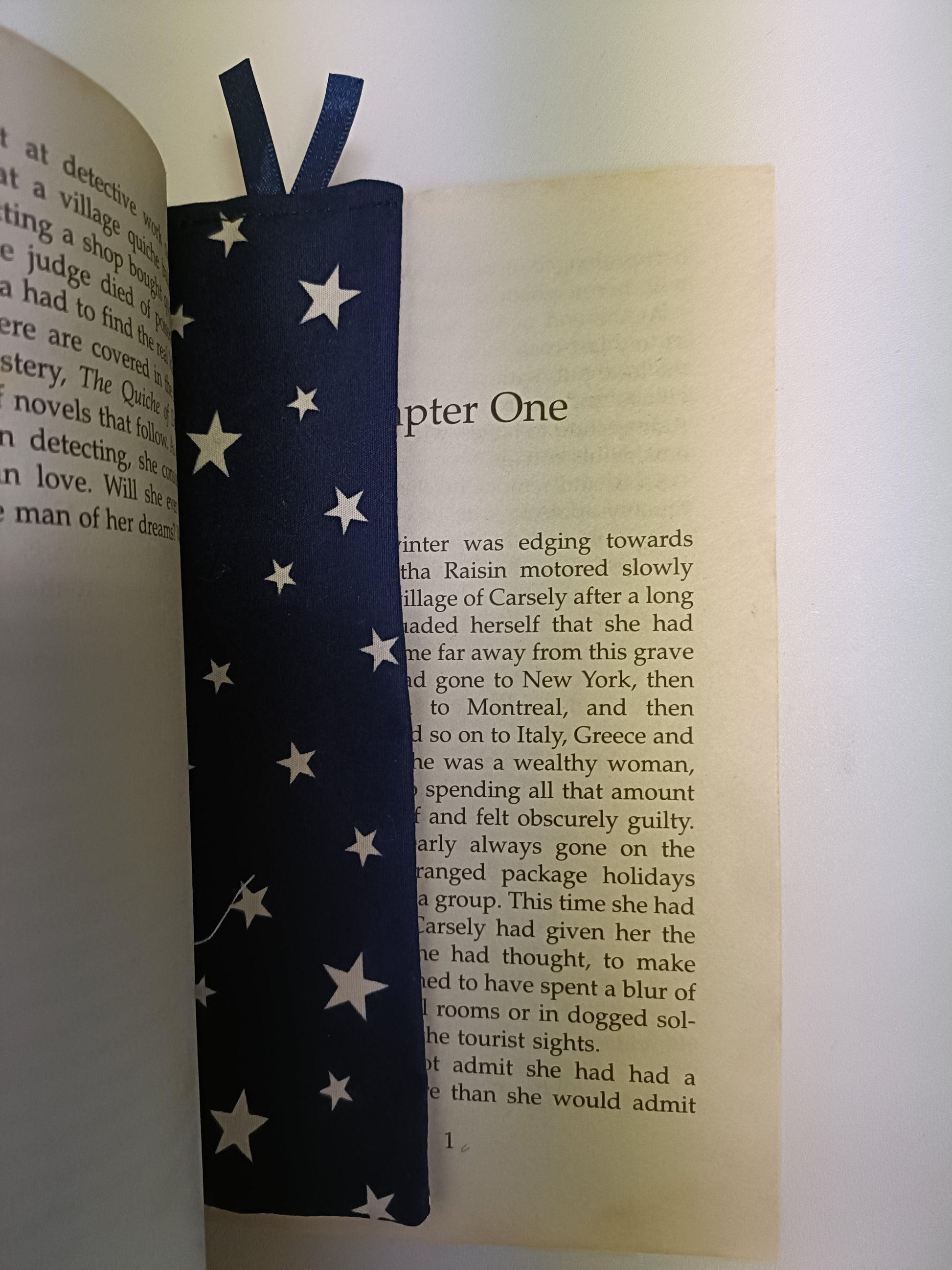 Handmade Fabric Tall Bookmark - Navy & White Star Print In Book