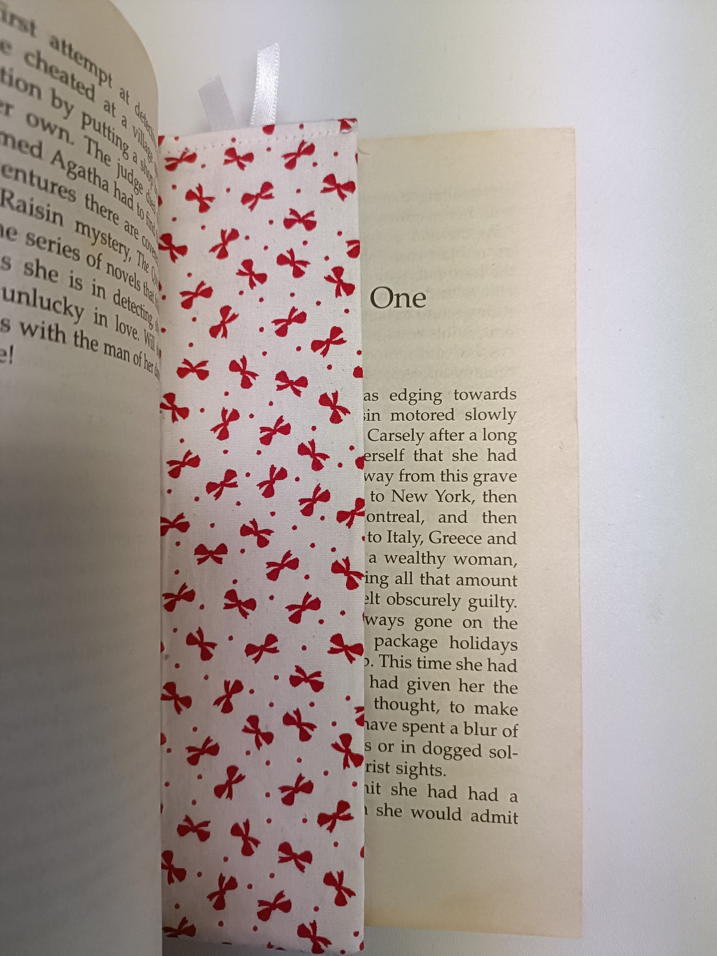 Handmade Fabric Tall Bookmark - Red Bow Print In Book